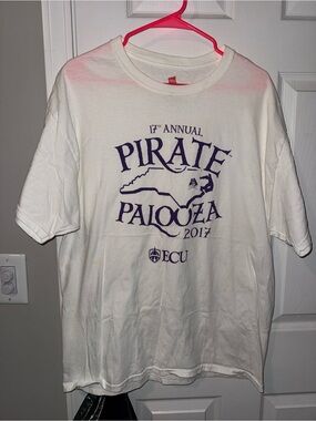 East Carolina White Short Sleeve Pirate Palooza Graphic Tee with Purple Print